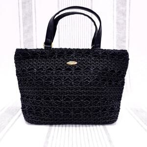 LIZ CLAIBORNE Vintage 90s Black Macrame /‎ Crochet Rattan Handbag Purse